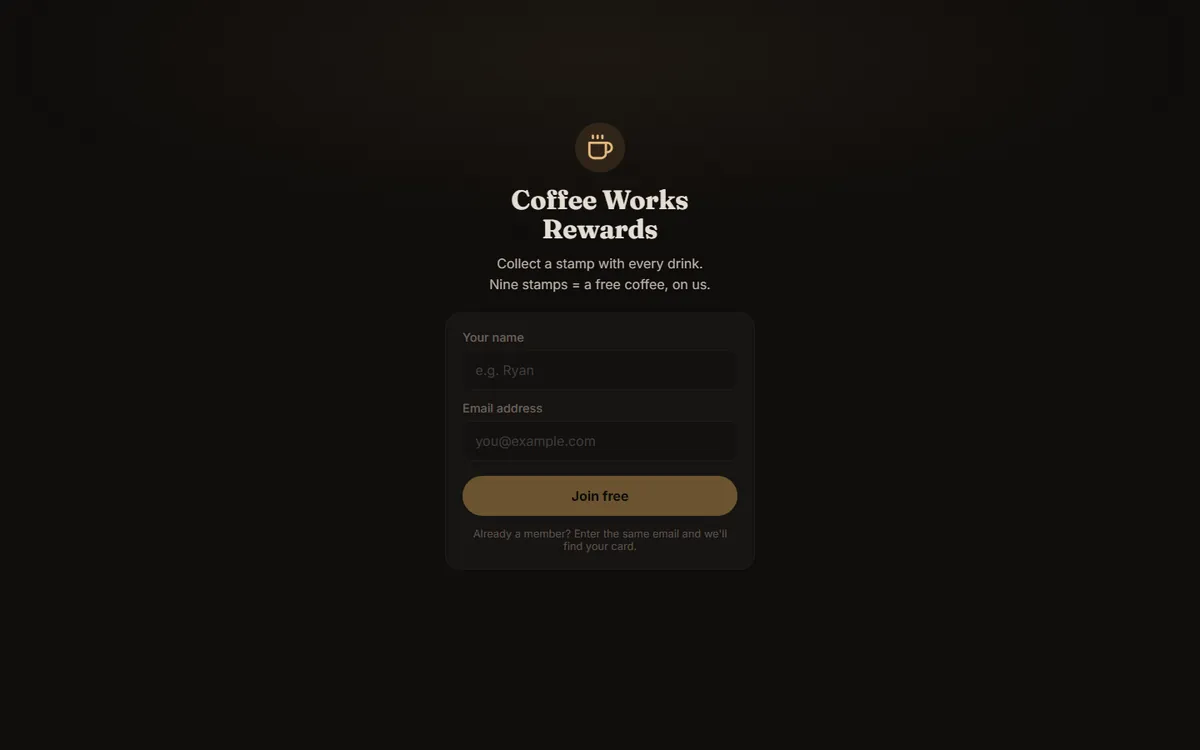 Screenshot of the Coffee Works Rewards sign up screen