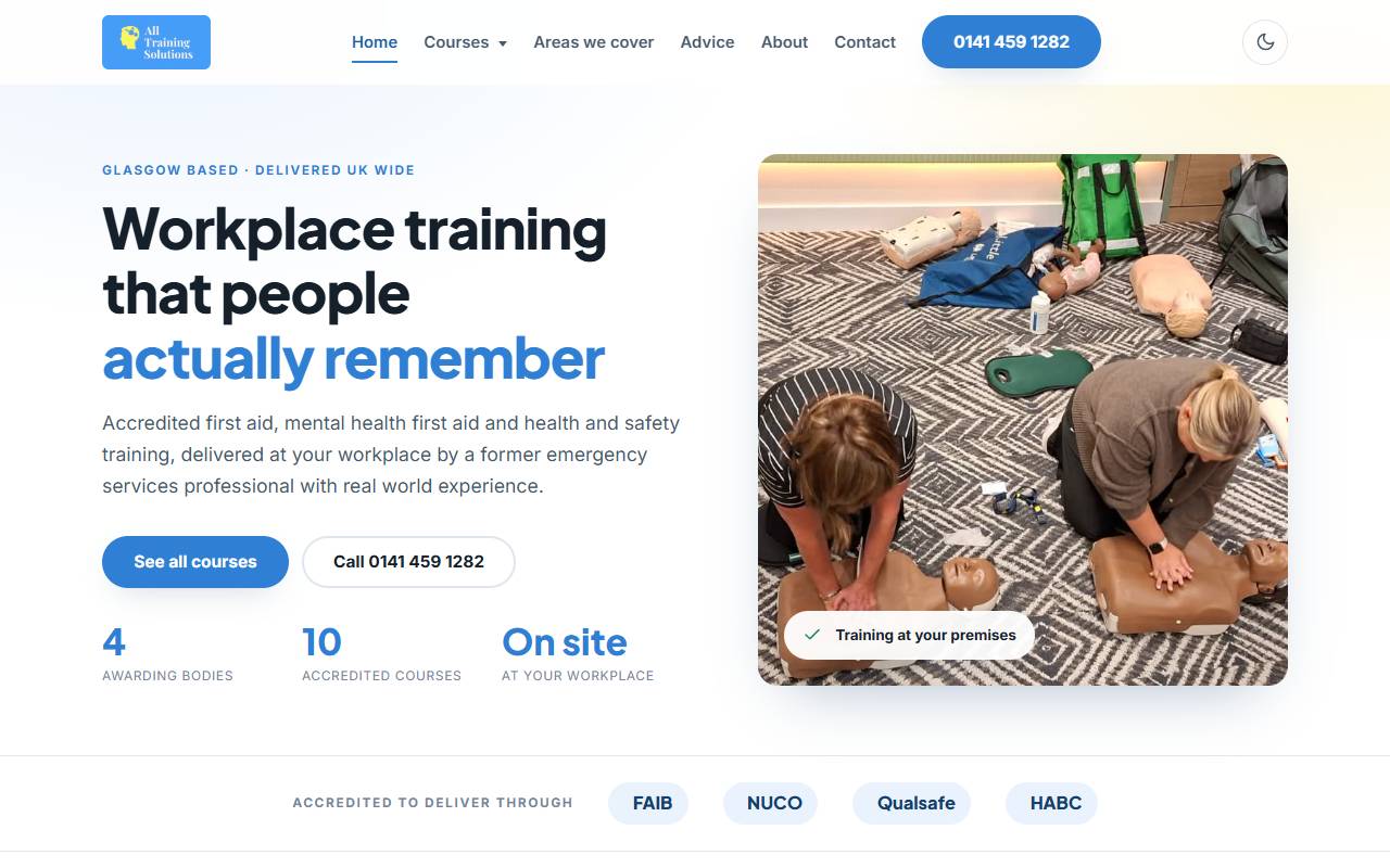 The All Training Solutions homepage: workplace first aid training in Glasgow