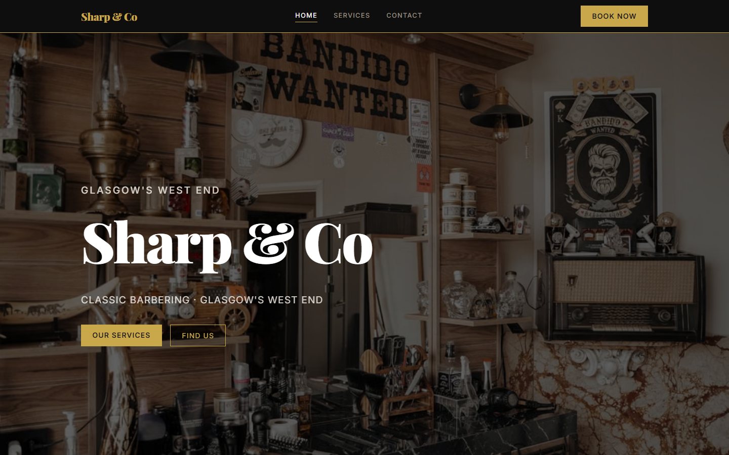 The home page the team built for Sharp and Co, a barber shop in Glasgow's West End